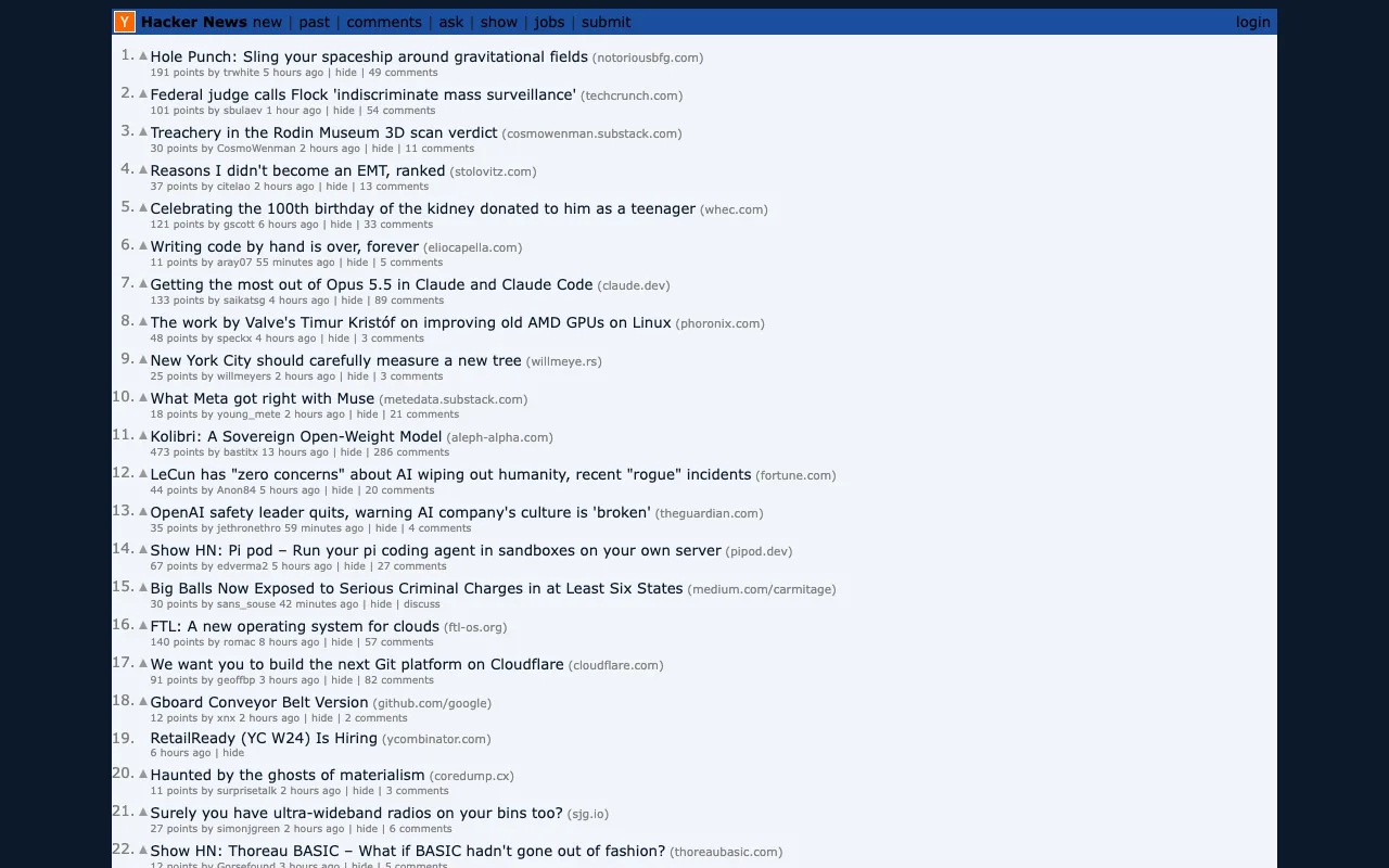 The Hacker News front page with custom colours applied
