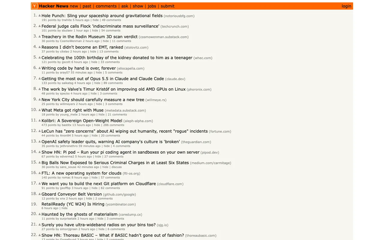 The Hacker News front page with its normal look
