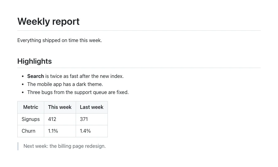 A rendered Markdown document with a heading, a list and a table