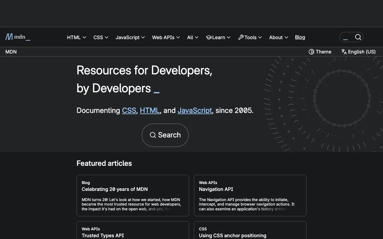 The MDN home page in its dark theme