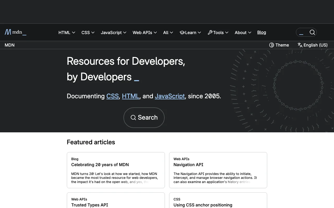 The MDN home page in its light theme