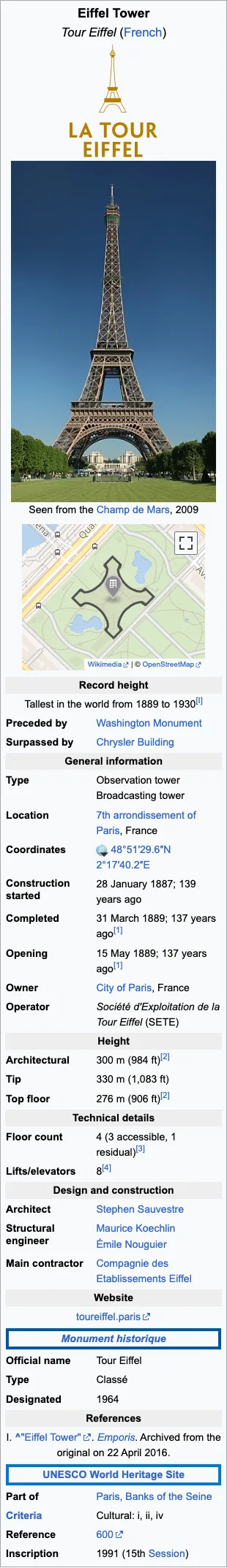 The infobox of the Wikipedia article about the Eiffel Tower