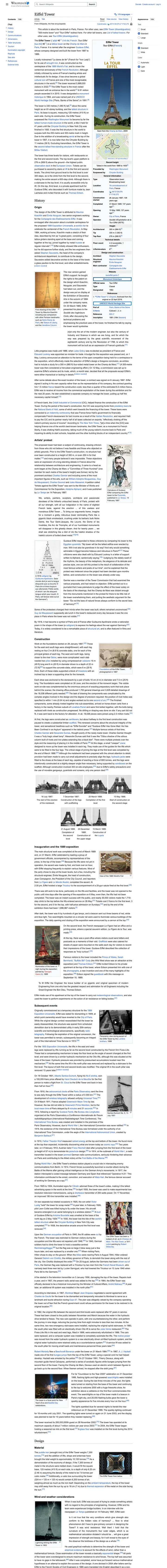 The full Wikipedia article about the Eiffel Tower in one tall image