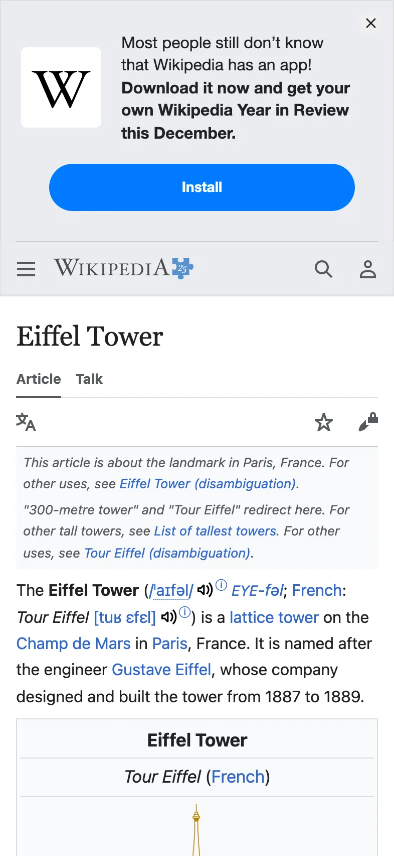 The Wikipedia article about the Eiffel Tower in its mobile layout